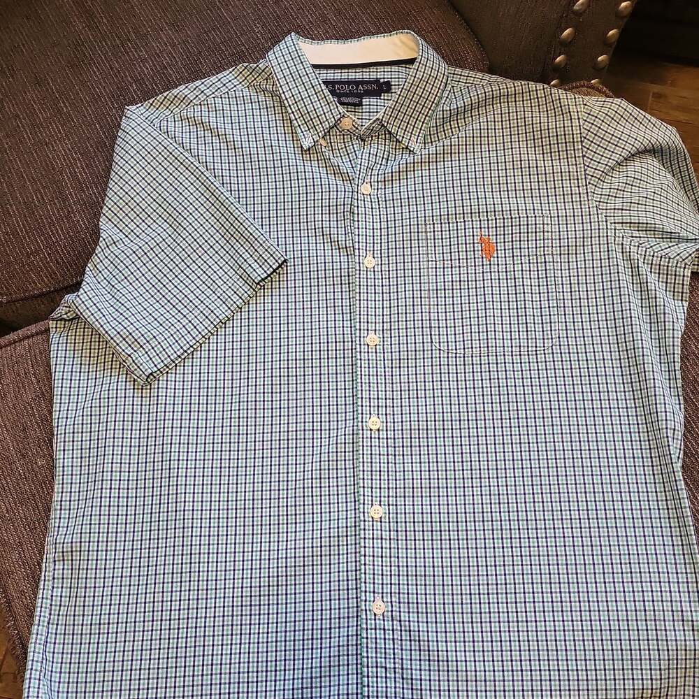 Polo Ralph Lauren Mens Short Sleeve Gingham Button Down Shirt Blue White